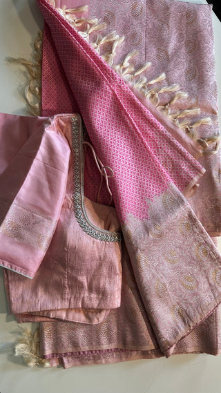 Brocade kanjivaram pink gold zari with stitched blouse.