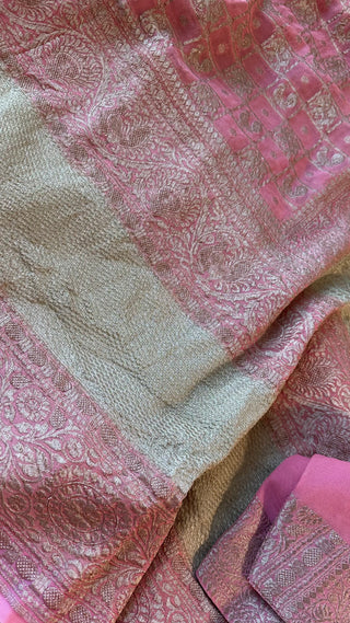 Pure Georgette Beneras Pastel pink silk saree pure silk border pallu