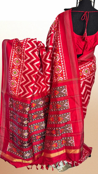Red ikat Silk Saree pure silk saree silk finish with stitched blouse Partywear pooja wear ready to ship Saree USA