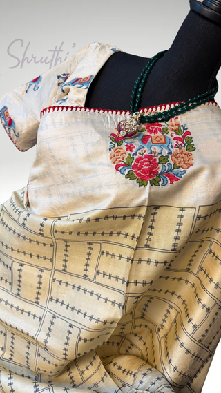 Handwoven white Tussar Embroidery borders and pallu Partywear elegant beauty  one of kind Onam  tussar silk saree  online and prestitched blouse