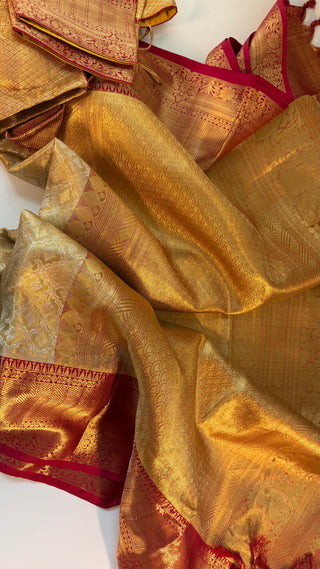 Gold Tissue Red Brocade Pure silk pattumuhurtam saree pure zari Kanjivaram silk saree with prestitched blouse embroidered blouse