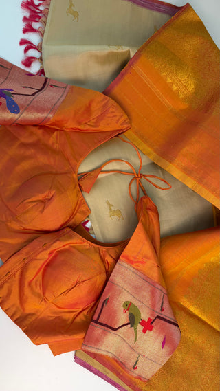 Bridal cream ven pattu saree orange pure zari kanjivaram silk saree with stitched blouse