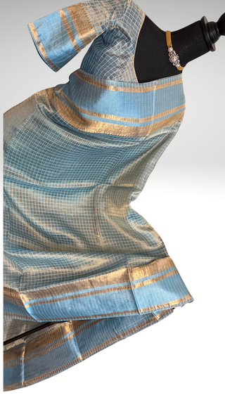 Pure Tissue Beneras pastel Ice Blue checks handwoven pure silk saree stitched blouse saree readymade online USA