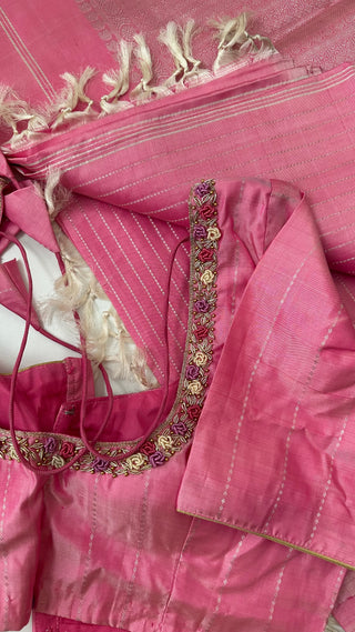 Pure Handwoven Pastel Pink pure handwoven kanchi pattu saree with blouse