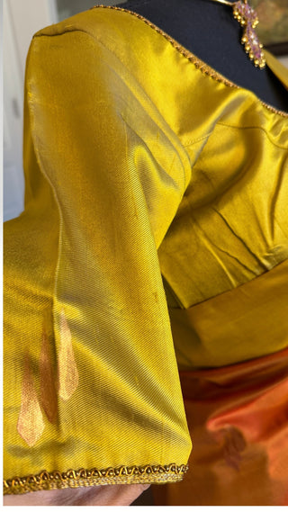 Tanjore Gold leaf printing Hand painted handloomsaree Rust Gold Kanchi pattu yellow saree with gold pallu easy drape pure silk saree usa