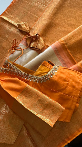 Ven pattu Orange saree White Cream and purple pure zari kanjivaram silk saree with prestitched blouse embroidered blouse