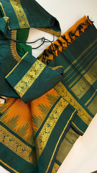 Bottle green yellow kanjivaram silk saree blouse embroidered blouse