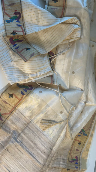 Cream Tussar pure silk paithani inspired thread border pallu online