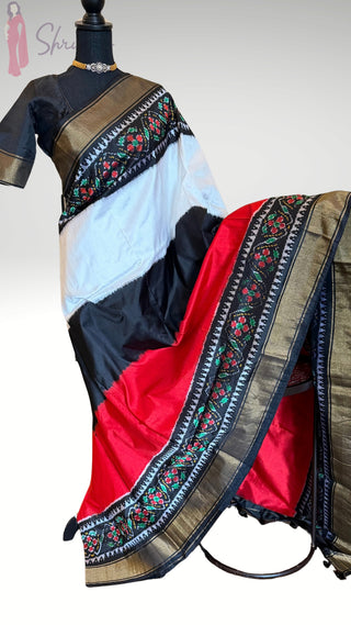 Handloom Pure  ikat silk saree with prestitched blouse border