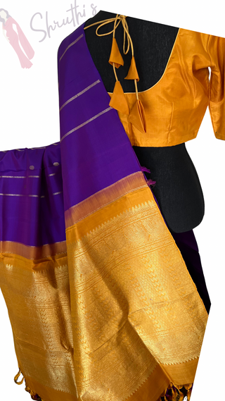 Borderless Handloom silk Pure Purple gold kanchi pattu saree with embroidered blouse