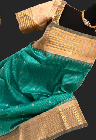 Teal green Gadwal handwoven silk saree with stitched blouse gadwal silk saree usa