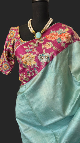 Pastel blue tussar silk saree usa
