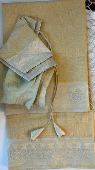 Pastel Tissue Kota Lenin saree with printed blouse online usa