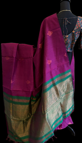 Purple pure Raw silk saree with copper motifs  with printed blouse contrast blouse