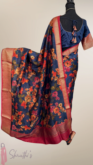 Printed  floral chinya blue  silk sarees with stitched blouse