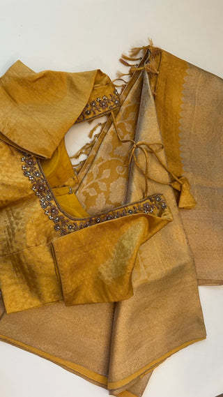 Pure Gold tissue Kanchi Kora Pure zari silk saree with stitched  blouse online shopping usa