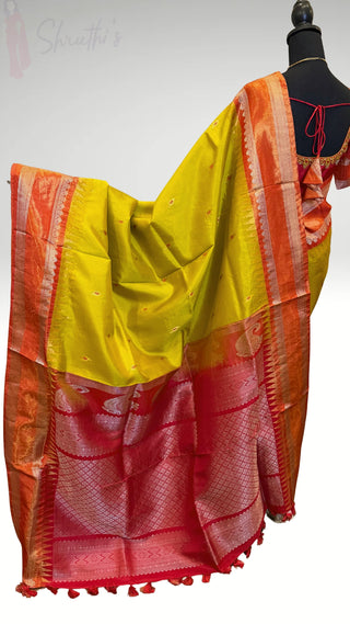 Pure Mehandi Green / Red Tissue Gold Gadwal with stitched blouse Embroidered silk  saree pure zari  gold zari silk saree