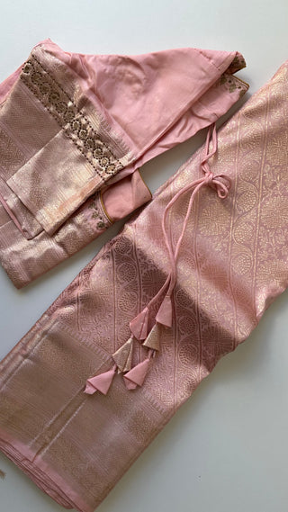 Brocade kanjivaram pastel peach gold zari with stitched blouse.