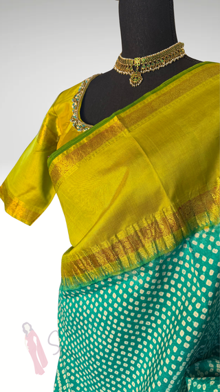 Pure Bandhej Kanjivaram pastel  turquoise Embroidered Silk Saree pure silk saree silk finish with stitched blouse Partywear pooja wear ready to ship Saree USA