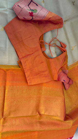 Bridal cream ven pattu saree orange pure zari kanjivaram silk saree with stitched blouse