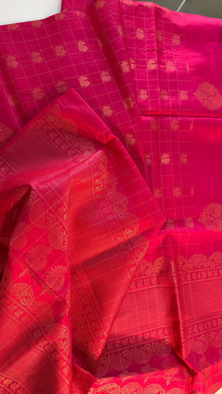 Handloom Reddish pink dual shade Easy drape with unstitched blouse Beautiful muthu kattam Soft silk kanchi pattu saree fine weave kanchi pattu bridal vintage revival