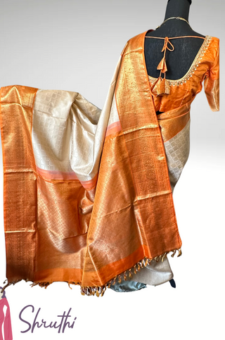 Ven pattu Orange saree White Cream and purple pure zari kanjivaram silk saree with prestitched blouse embroidered blouse