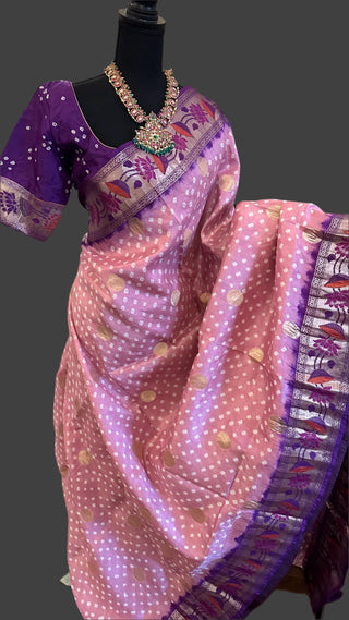 Bandhani silk saree with zari borders mauve pink saree usa