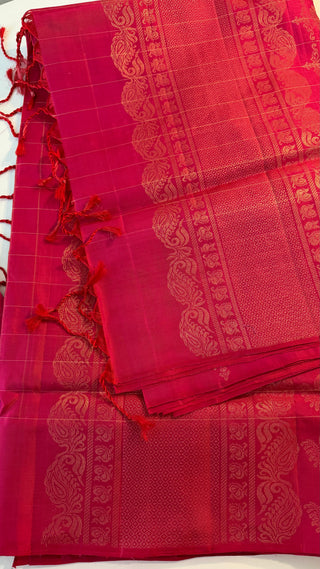 Handloom Reddish pink dual shade Easy drape with unstitched blouse Beautiful muthu kattam Soft silk kanchi pattu saree fine weave kanchi pattu bridal vintage revival