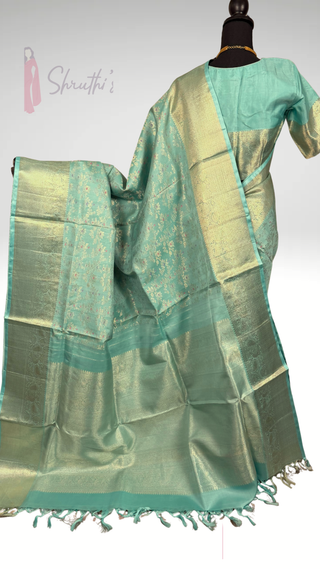 Brocade kanjivaram pastel sea green gold zari with stitched blouse traditional kanchi pattusaree saree Indian wedding