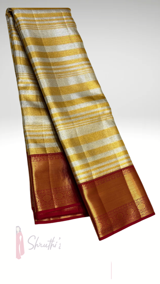 Gold Tissue red border Kanjivaram kalyana pattu ven pattu pure zari Pellicheera beige silk saree bridal with stitched hand embroidered blouse design USA Ratnamala vintage gold saree