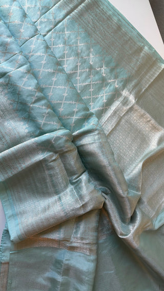 Banaras Pure pastel Tissue Silk Saree iwith silver Zari Border – Ready to Wear Online USA