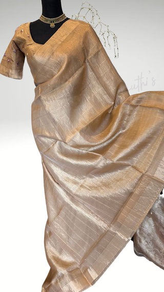Pure Antique Tissue gold  pure silk saree stitched blouse embroidered  silk ready to wear altered to fit  online USA