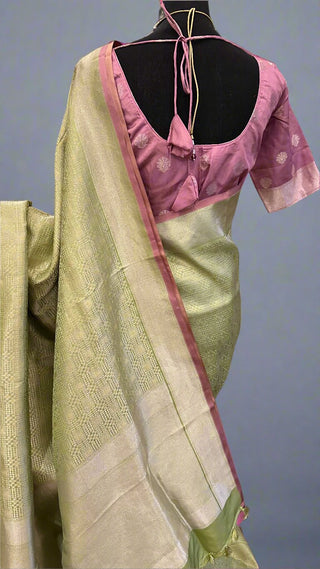 Green silver  Benerasi silk saree with stitched  blouse online shopping usa