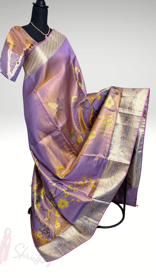Kanjivram silver tissue woven floral design lavender pure kanchi pattu saree online shopping with embroidered stitched  blouse usa