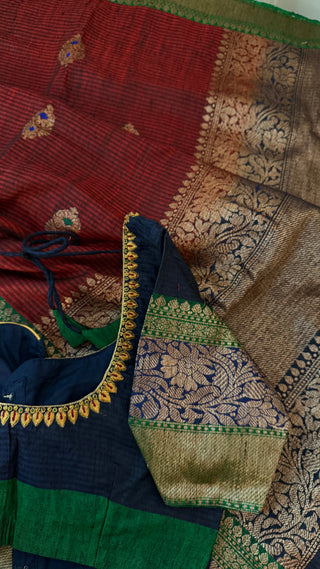 Pure Handloom Maroon Tussar Beneras Katan saree with prestitched blouse