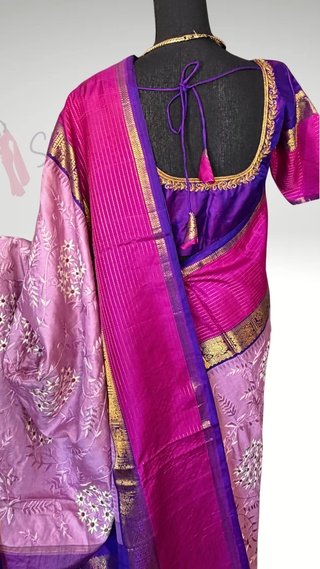 Pure hand embroidered Parsi embroidery  Kanjivaram pastel Embroidered Silk Saree pure silk saree silk finish with stitched blouse Partywear pooja wear ready to ship Saree USA