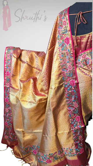 Kalyana pattu wedding Handloom  Kanjivaram Gold Tissue  Brocade embroidery sareePure silk pattumuhurtam saree  Kanjivaram silk saree with prestitched blouse.