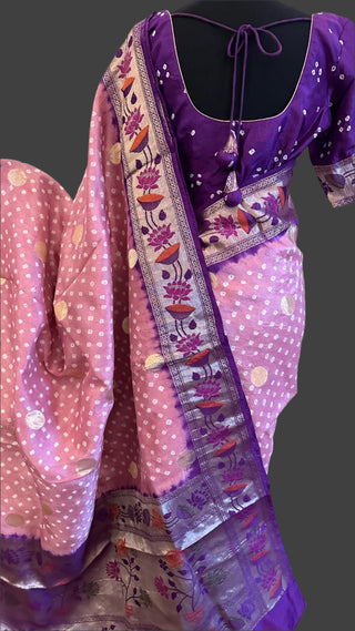 Bandhani silk saree with zari borders mauve pink saree usa
