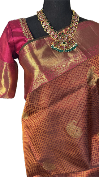 Pure Kanjivaram Handloom Brocade Light Amber silk saree pure zari  Muhurtam Wedding Saree with ready to wear ship Blouse Online USA