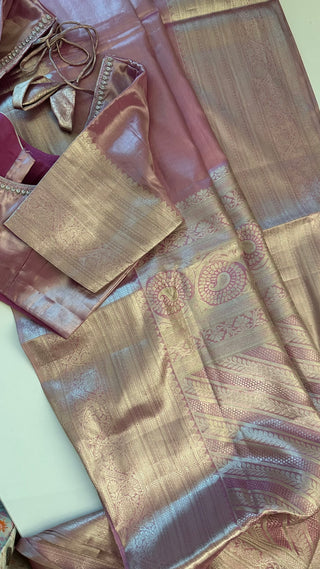 Pure Silver zari Tissue Kanchi Pattu saree with stitched blouse online shopping usa pastel silver zari kanjivaram