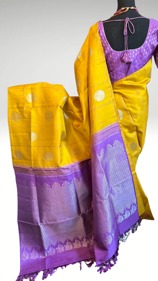 Yellow Lavender pure handwoven kanchi pattu saree with blouse