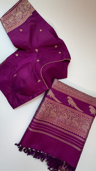 Ven Pattu kanjivaram purple  Kanchi pattu saree gold silver zari Indian wedding saree pure silk saree with stitched blouse usa online shopping