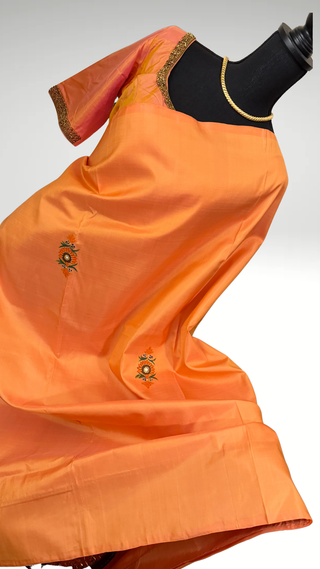 Tanjore Hand painted saree peach Kanchi pattu yellow saree with gold pallu easy drape pure silk saree usa