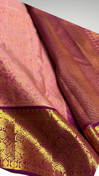 Pure Handloom Authentic Kanjivaram Pastel Pink Vanasingaram brocade silk saree gold zari online stitched blouse embroidered blouse  one of a kind elegant easy drape  silk saree online shopping ships from USA