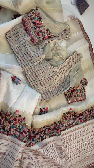 Pure Organza white Party wear handloom handwoven pure Embroidery  silk saree stitched blouse saree readymade online USA