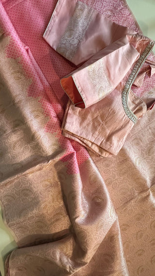 Brocade kanjivaram pink gold zari with stitched blouse.