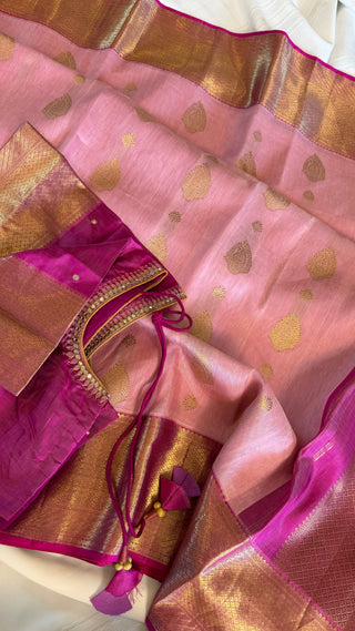 Bridal Gold Handloom Kora silk Pastel Pink pure kanjivaram silk saree stitched embroidered blouse online shopping usa  handloom silk saree