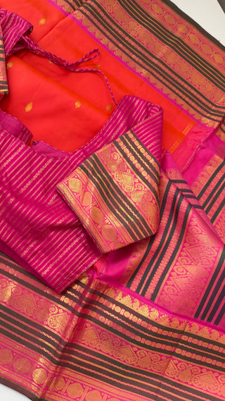 Orange gold zari Kanchipuram silk saree online shopping vintage revival borders with stitched brocade blouse