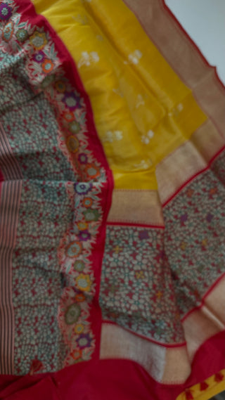 Banaras Pure yellow Tissue Silk Saree with silver  Zari Border – Ready to Wear Online USA