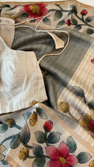 Handwoven Tussar hand painted pichwai one of kind tussar silk saree  online and stitched  blouse
